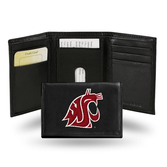 NCAA  Washington State Cougars  Embroidered Genuine Leather Tri-fold Wallet 3.25" x 4.25" - Slim