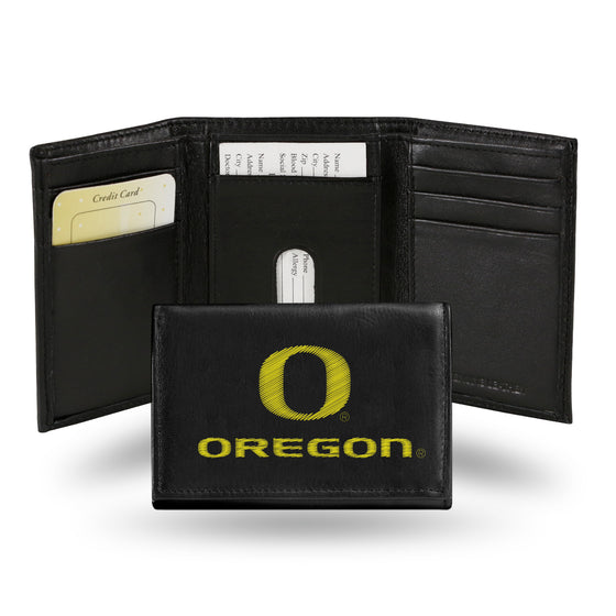 NCAA  Oregon Ducks  Embroidered Genuine Leather Tri-fold Wallet 3.25" x 4.25" - Slim