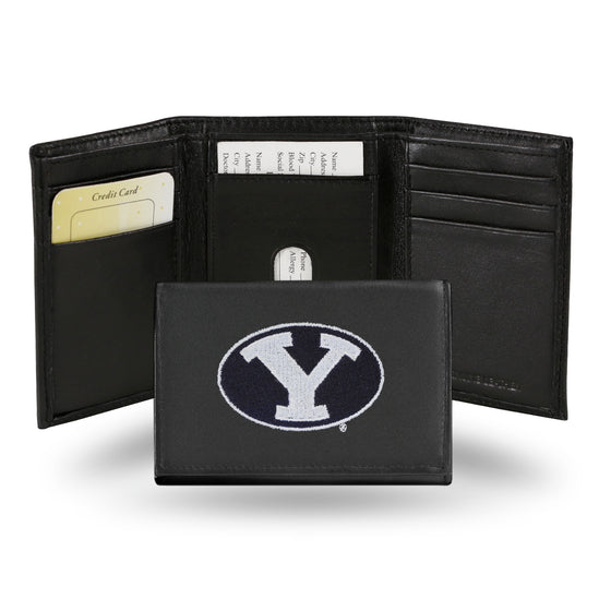 NCAA  BYU Cougars  Embroidered Genuine Leather Tri-fold Wallet 3.25" x 4.25" - Slim