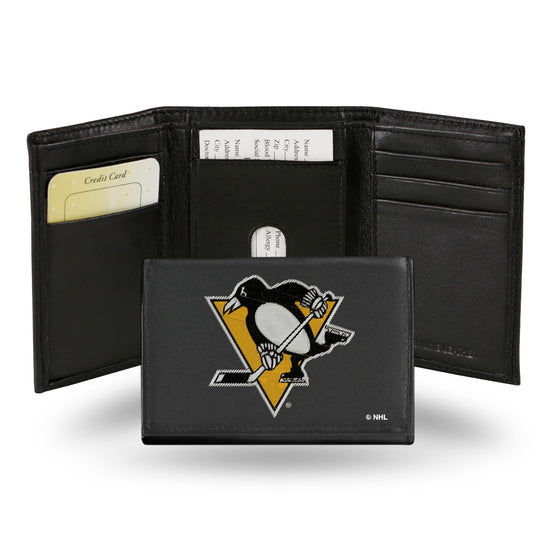 NHL Hockey Pittsburgh Penguins  Embroidered Genuine Leather Tri-fold Wallet 3.25" x 4.25" - Slim