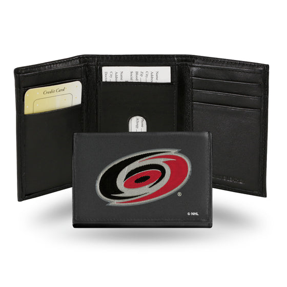 NHL Hockey Carolina Hurricanes  Embroidered Genuine Leather Tri-fold Wallet 3.25" x 4.25" - Slim