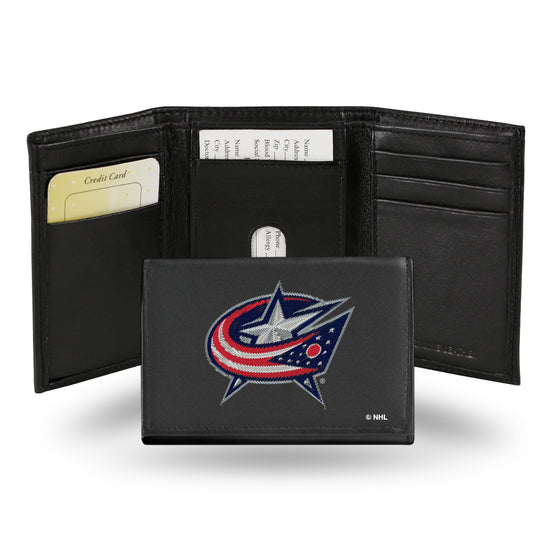 NHL Hockey Columbus Blue Jackets  Embroidered Genuine Leather Tri-fold Wallet 3.25" x 4.25" - Slim