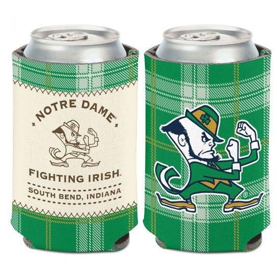 NOTRE DAME FIGHTING IRISH GREEN PLAID CAN COOLER 12 OZ.