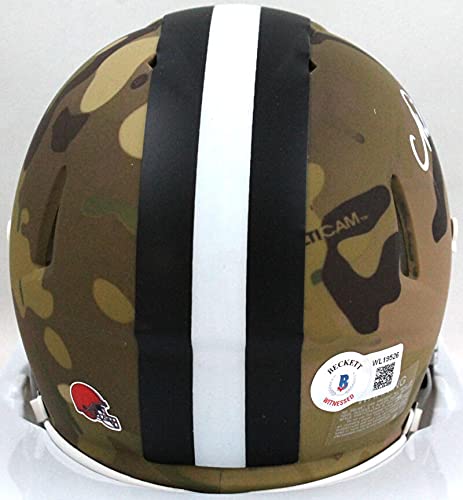 Nick Chubb Autographed Cleveland Browns Camo Speed Mini Helmet- Beckett White - 757 Sports Collectibles
