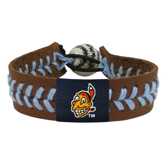 Cleveland Indians Bracelet Team Color Baseball Chief Wahoo Brown Leather Blue Thread CO - 757 Sports Collectibles