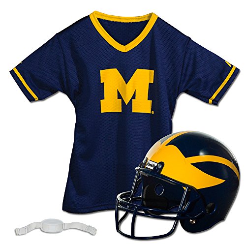 Franklin Sports Michigan Wolverines Kids College Football Uniform Set - NCAA Youth Football Uniform Costume - Helmet, Jersey, Chinstrap Set - Youth M - 757 Sports Collectibles