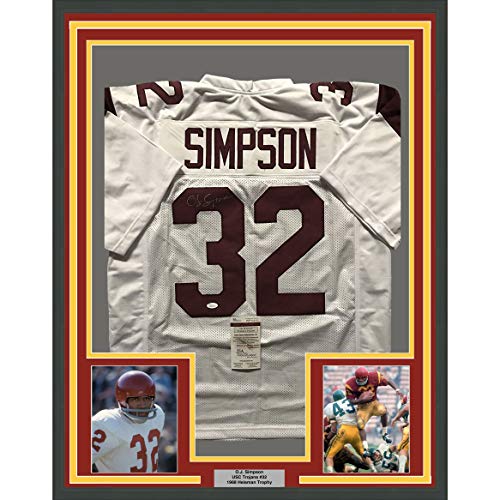 Framed Autographed/Signed OJ O.J. Simpson 33x42 USC Trojans White College Football Jersey JSA COA