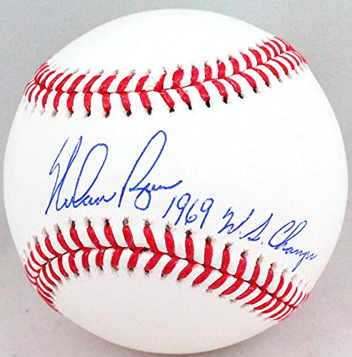 Nolan Ryan Autographed Rawlings OML Baseball W/ 1969 WS Champs- AI Verified Blue - 757 Sports Collectibles