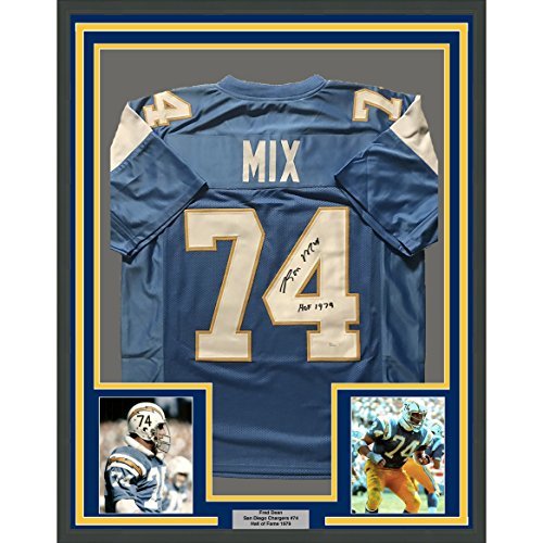 Framed Autographed/Signed Ron Mix"HOF 1979" 33x42 San Diego Chargers Powder Blue Football Jersey JSA COA