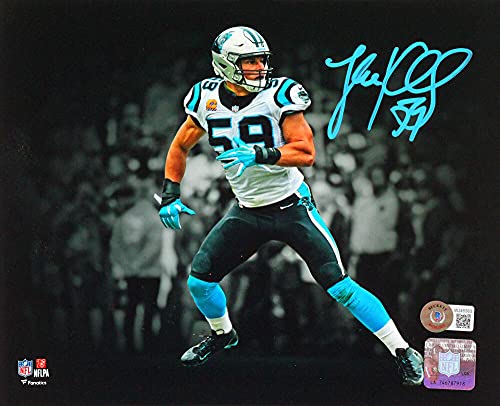 Luke Kuechly Autographed Panthers B&W Spotlight 8x10 FP Photo- Beckett W Teal - 757 Sports Collectibles