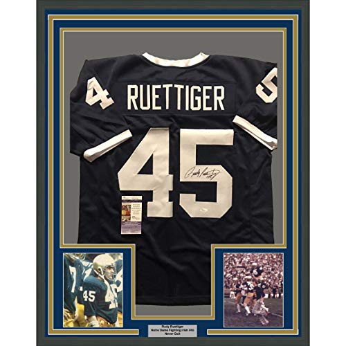Framed Autographed/Signed Rudy Ruettiger 33x42 Notre Dame Fighting Irish Blue College Football Jersey JSA COA