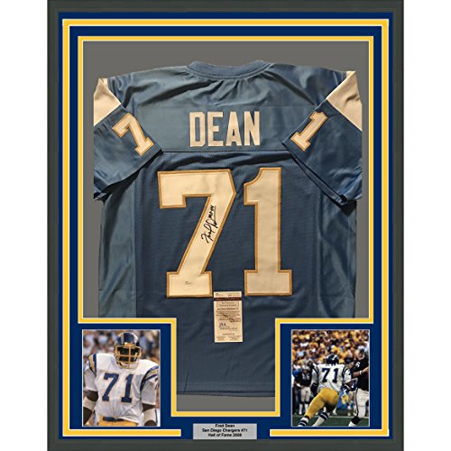 Framed Autographed/Signed Fred Dean"HOF 08" 33x42 San Diego Chargers Powder Blue Football Jersey JSA COA