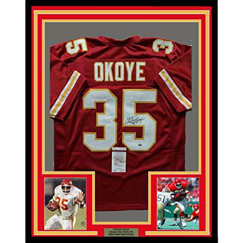 Framed Autographed/Signed Christian Okoye 33x42 Kansas City Chiefs Red Football Jersey JSA COA