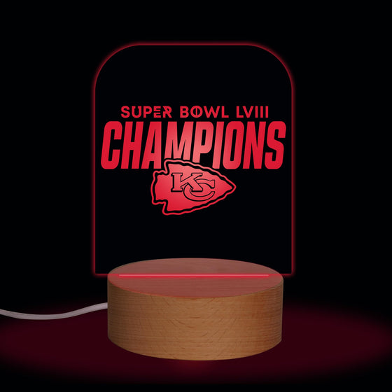 Rico Industries NFL Football Kansas City Chiefs 2024 Super Bowl LVIII Champions LED Desk Light Up Sign, 7 Color Changing LED Night Light, Wood Base With USB Cord Included, Ideal for Home and Desktop - 757 Sports Collectibles