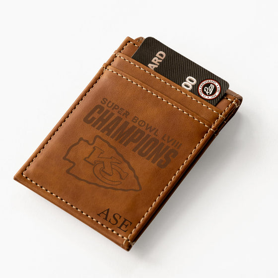 Rico Industries NFL Football Kansas City Chiefs 2024 Super Bowl LVIII Champions Brown Personalized/Custom Laser Engraved Front Pocket Wallet - Slim/Light Weight - Great Gift Item - 757 Sports Collectibles