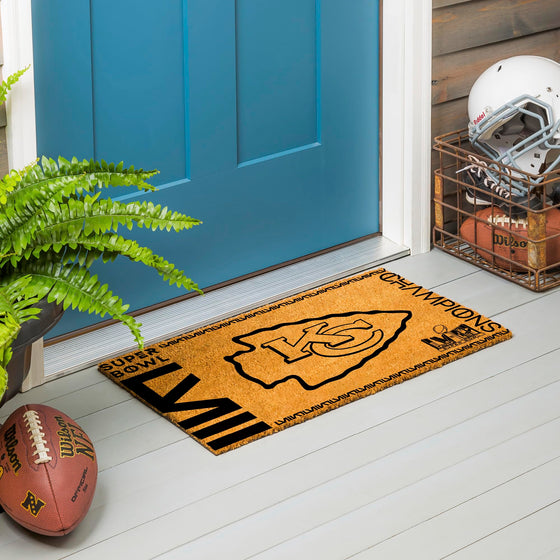Team Sports America NFL Kansas City Chiefs Superbowl 58 Championship Natural Coir Doormat | 28 x 16 inches | Non Slip Back | Front Door Welcome Floor Mats | Indoor Outdoor Entrance Home Décor - 757 Sports Collectibles