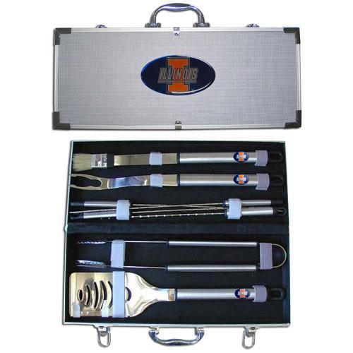 Illinois Fighting Illini 8 pc Stainless Steel BBQ Set w/Metal Case (SSKG) - 757 Sports Collectibles