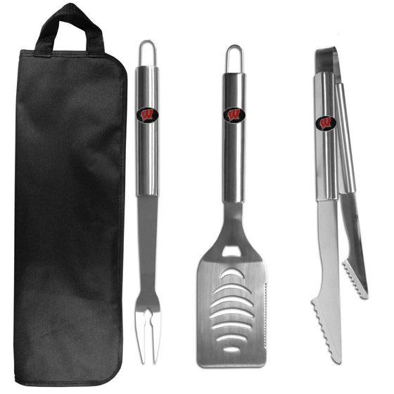 Wisconsin Badgers 3 pc Stainless Steel BBQ Set with Bag (SSKG) - 757 Sports Collectibles