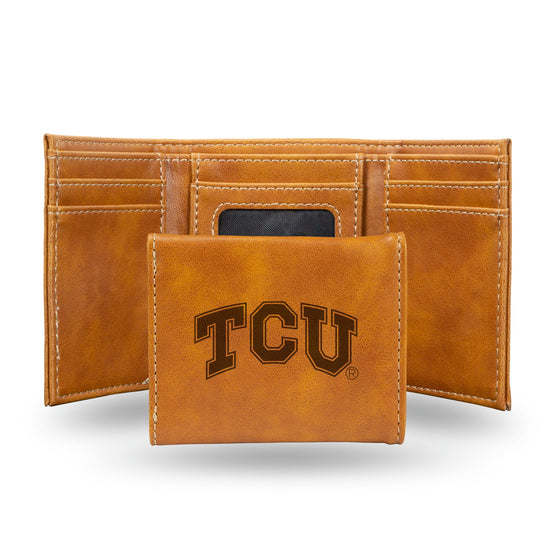 NCAA TCU Horned Frogs Laser Engraved Brown Tri-Fold Wallet   