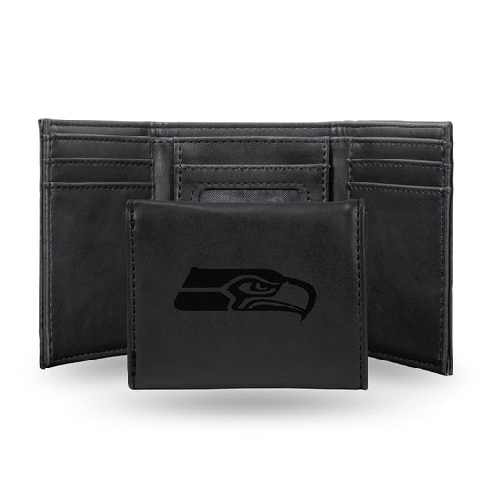 NFL Seattle Seahawks Laser Engraved Black Tri-Fold Wallet   