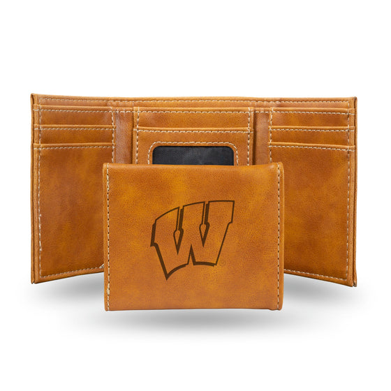 NCAA Wisconsin Badgers Laser Engraved Brown Tri-Fold Wallet   
