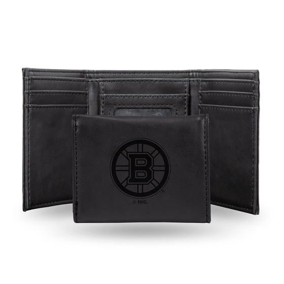 NHL Boston Bruins Laser Engraved Black Tri-Fold Wallet   