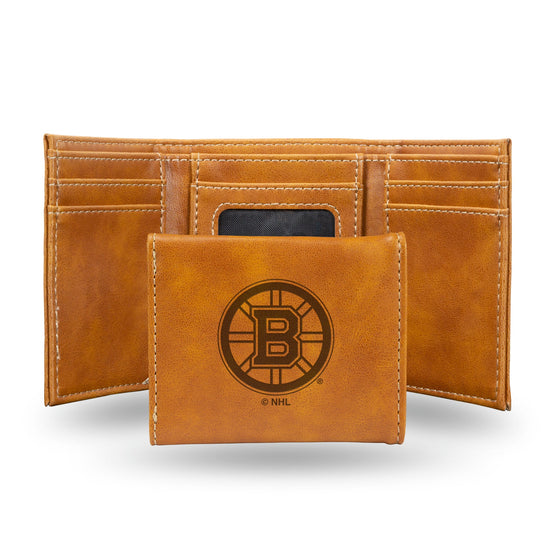NHL Boston Bruins Laser Engraved Brown Tri-Fold Wallet   