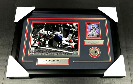 SONY MICHEL PATRIOTS AUTOGRAPHED CARD WITH FRAMED 8X10 PHOTO SUPER BOWL LIII - 757 Sports Collectibles