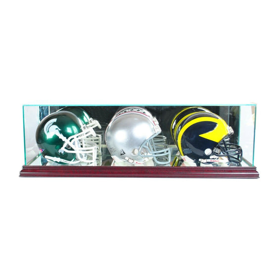 Triple Mini Helmet Glass Display Case NFL Cherry Base - 99% UV Blocking Glass - Museum Glass - 757 Sports Collectibles