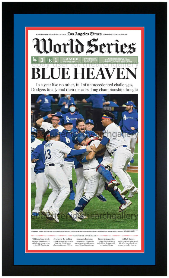 Los Angeles Dodgers 2020 World Series Champions ORIGINAL Newspaper Set Framed!