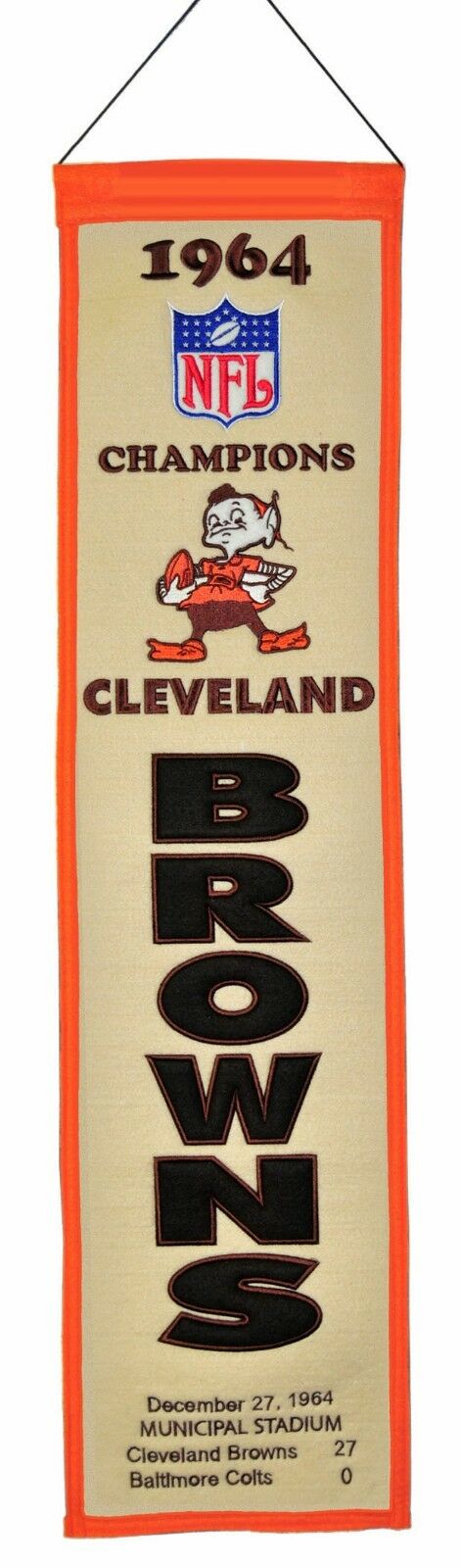 CLEVELAND BROWNS 1964 WORLD CHAMPIONS CUSTOM EMBROIDERED WOOL HERITAGE BANNER - 757 Sports Collectibles