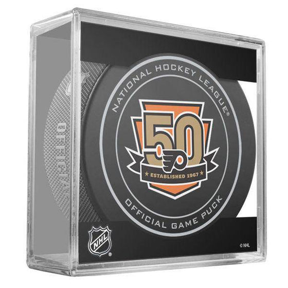 NHL Philadelphia Flyers 50th Anniversary Official Game Puck in Display Cube - 757 Sports Collectibles