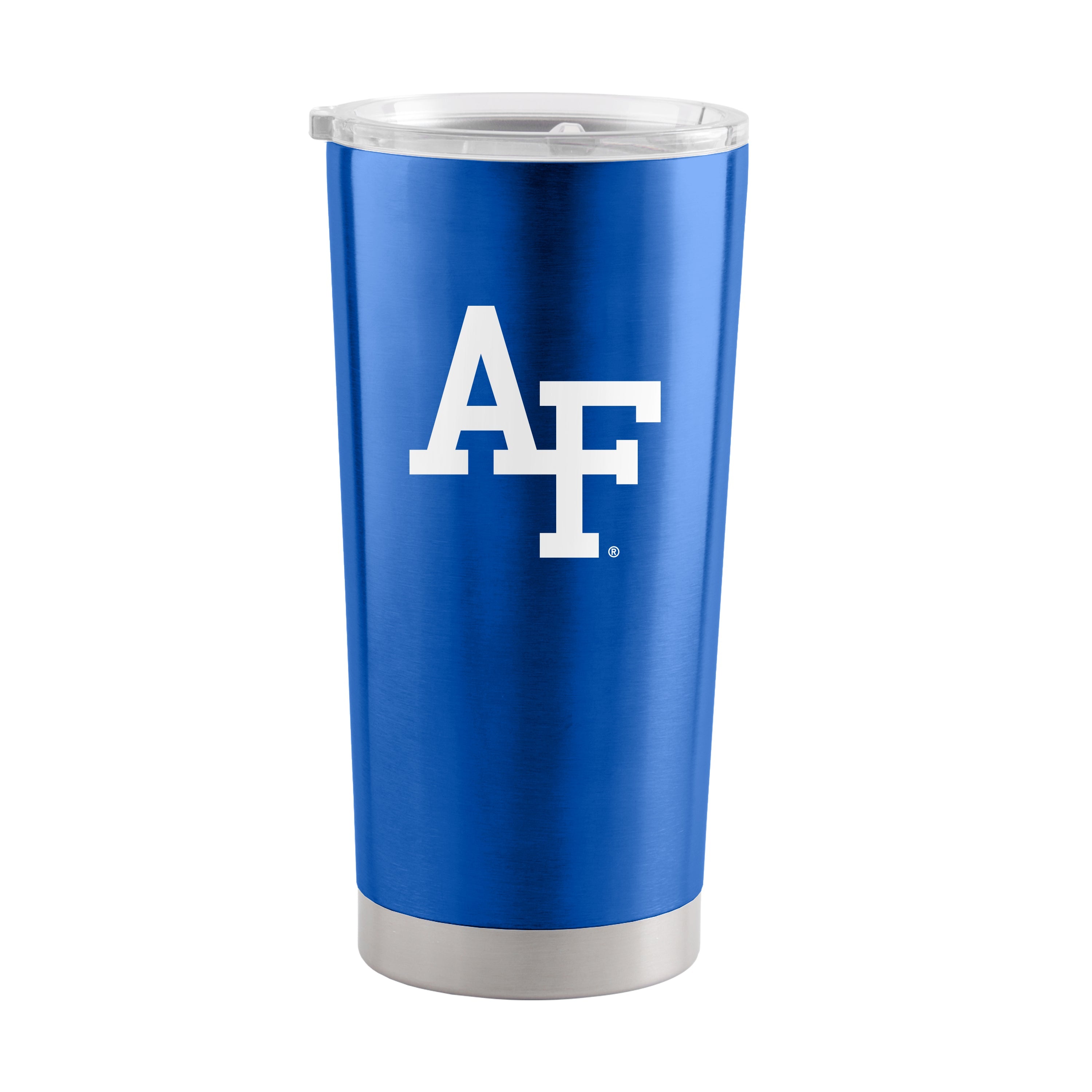 The 20 oz. Air Force Academy Stainless Steel Tumbler keeps drinks hot or cold for hours. It features a sleek design, a high lip slider lid, and a team logo. Made from quality stainless steel, it's travel-friendly and best washed by hand.