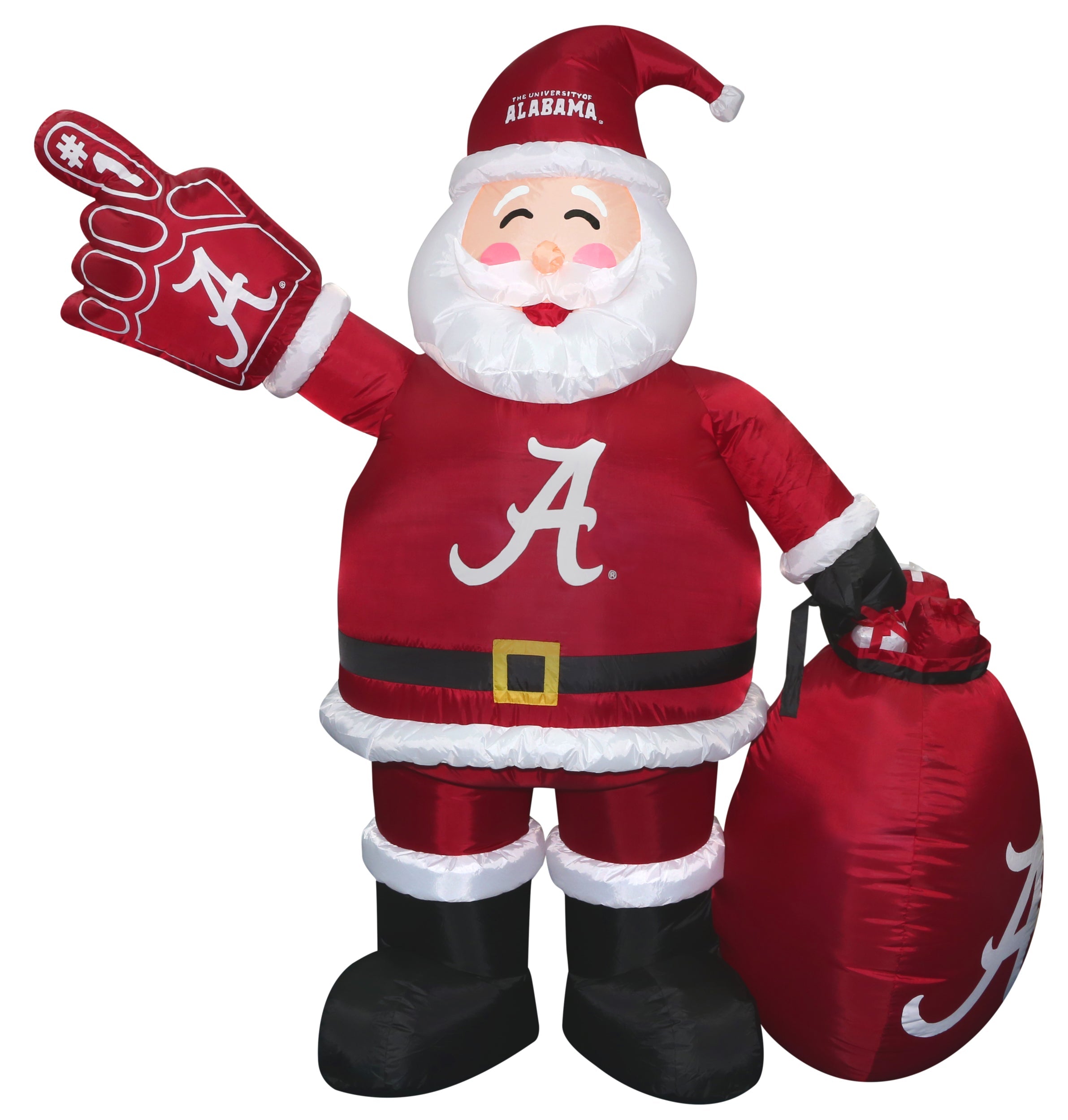Celebrate the holidays with this 7' Alabama Santa Claus inflatable. It self-inflates, features LED lights, and includes a blower, adapter, tethers, and stakes. Perfect for indoor or outdoor display, spreading festive cheer and team pride.