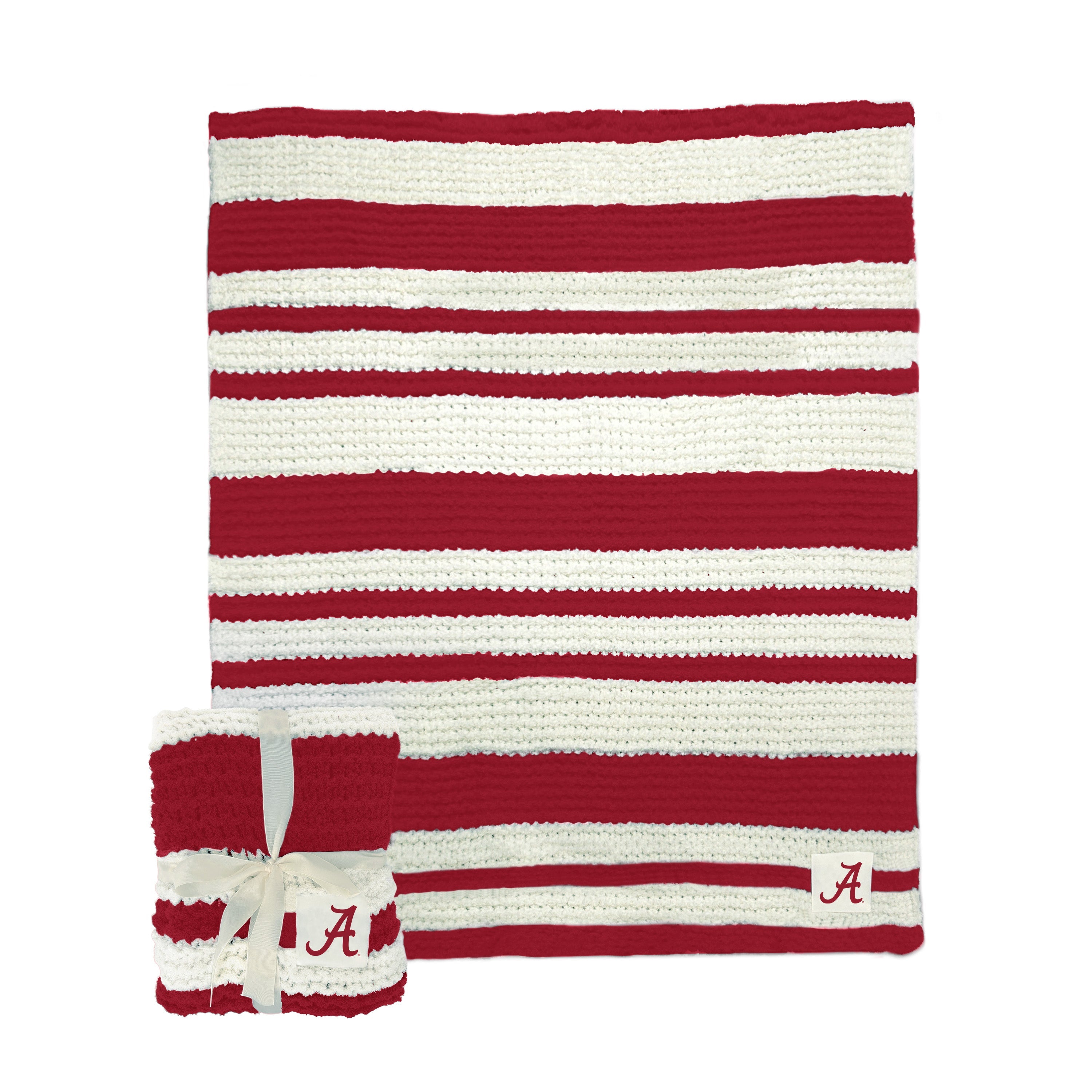 The Alabama Cable Knit Throw (50x60) features a cozy, chunky sweater knit in ivory, perfect for any decor. It's machine washable, includes a logo patch, made of polyester, and comes with a lifetime guarantee.