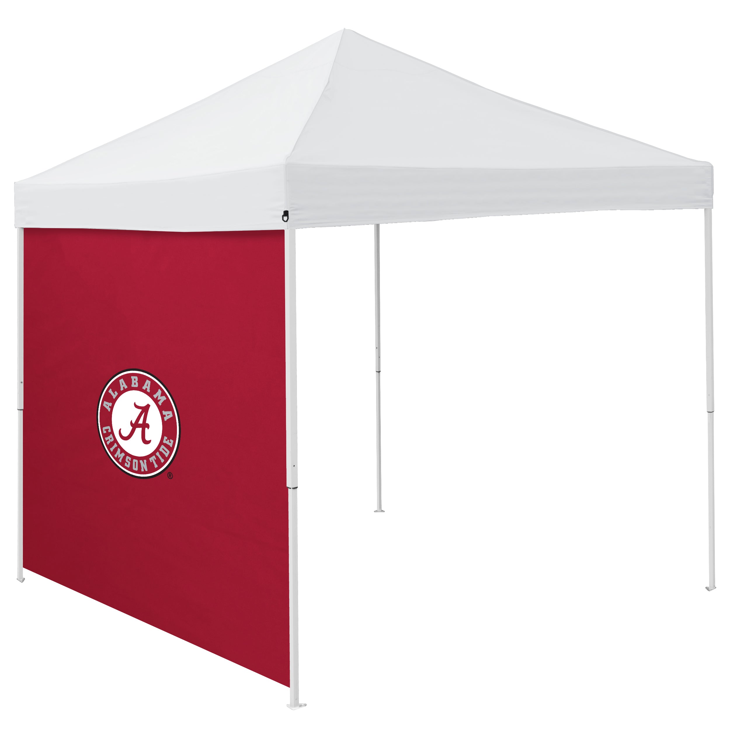 The Alabama 9 x 9 Side Panel is a 6 ft. x 9 ft. polyester panel that attaches securely to 9 ft. x 9 ft. Logo Brands canopies. It features a 30" team logo, provides protection from the elements, enhances privacy, and includes a zip-up carrying bag.