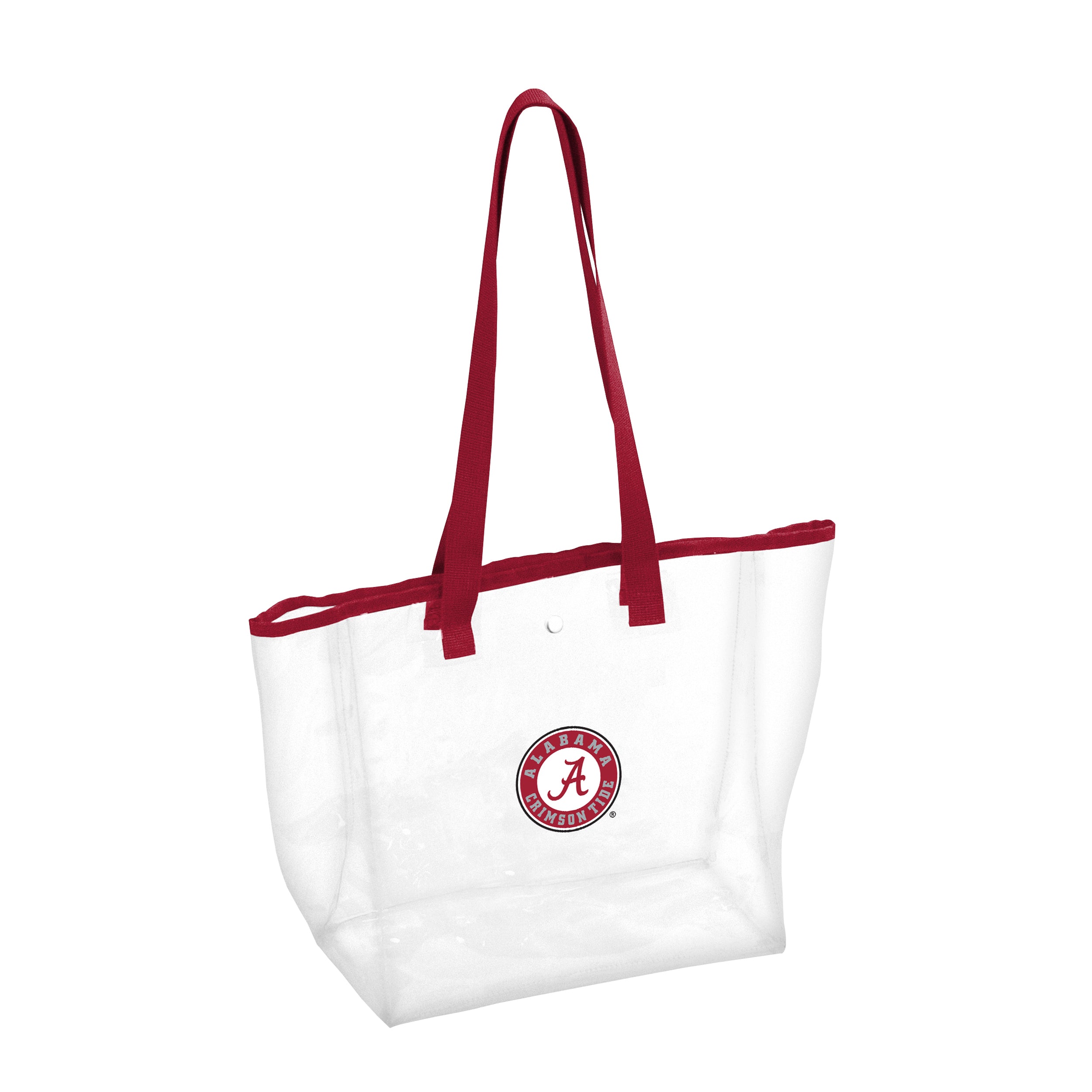 The Alabama Stadium Clear Tote is a 12"x12"x6" clear bag that meets stadium regulations, featuring a snap closure, team logo, and a 12" drop shoulder strap. Made of PVC and polyester, it wipes clean easily and comes with a lifetime guarantee.