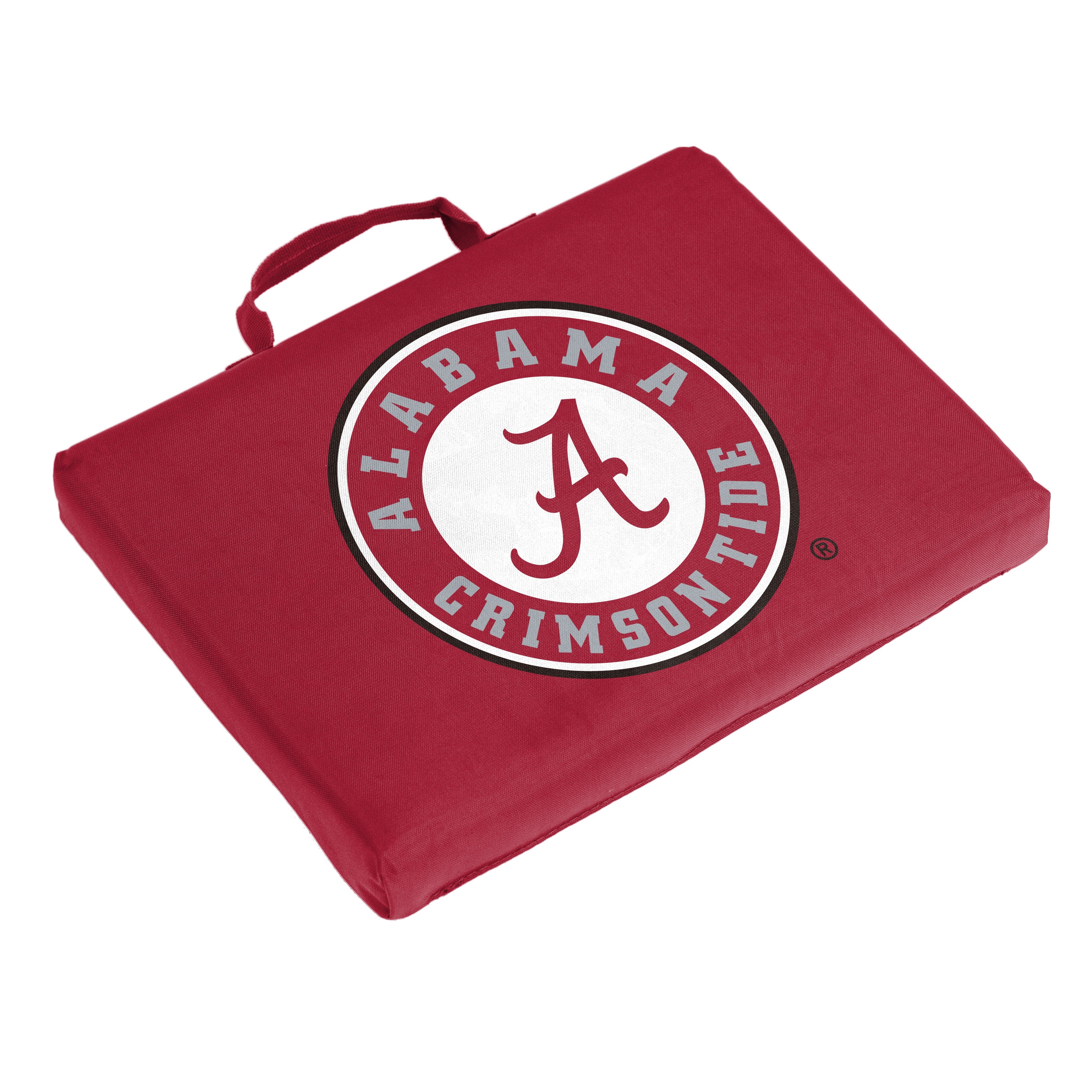 The Alabama Bleacher Cushion offers comfort at games with a team logo, made from durable polyester. It measures 14"x11" with a 1.75" pad, fits standard seats, has a carrying handle, and includes a lifetime guarantee.