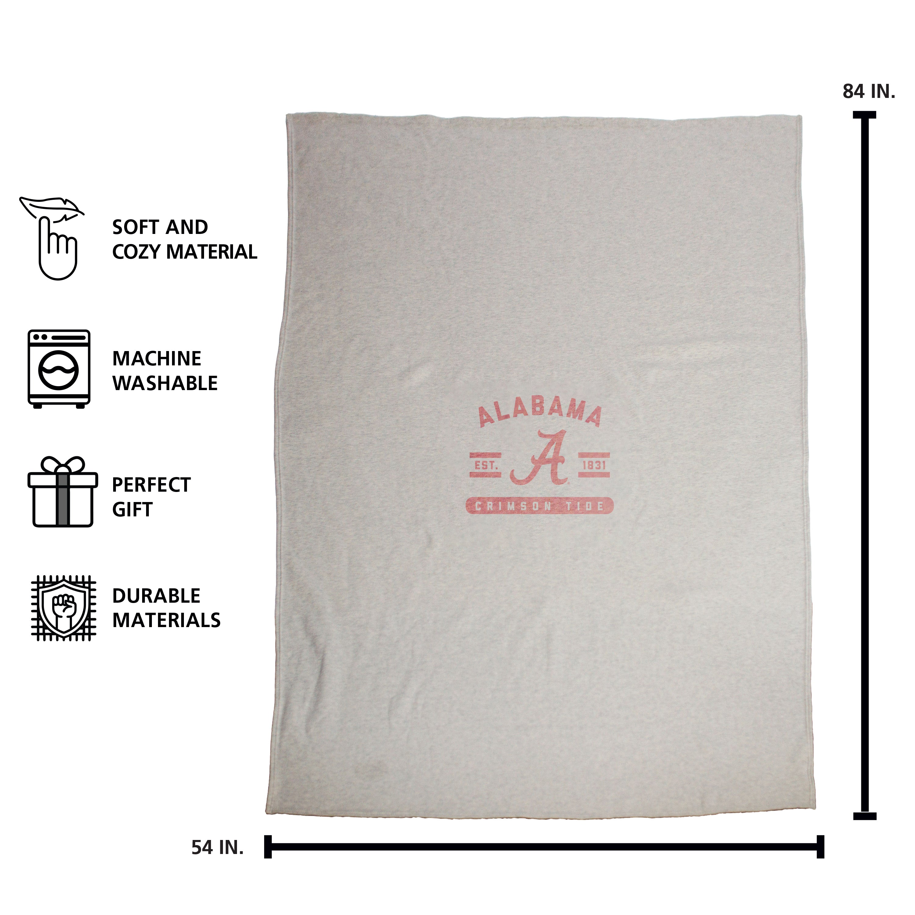 The Alabama Oatmeal Sweatshirt Blanket is a cozy, oversized 54" x 84" blanket made from heavyweight fabric, featuring a vintage Alabama Crimson Tide logo. It's machine washable, perfect for various activities, and makes a great gift for sports fans.