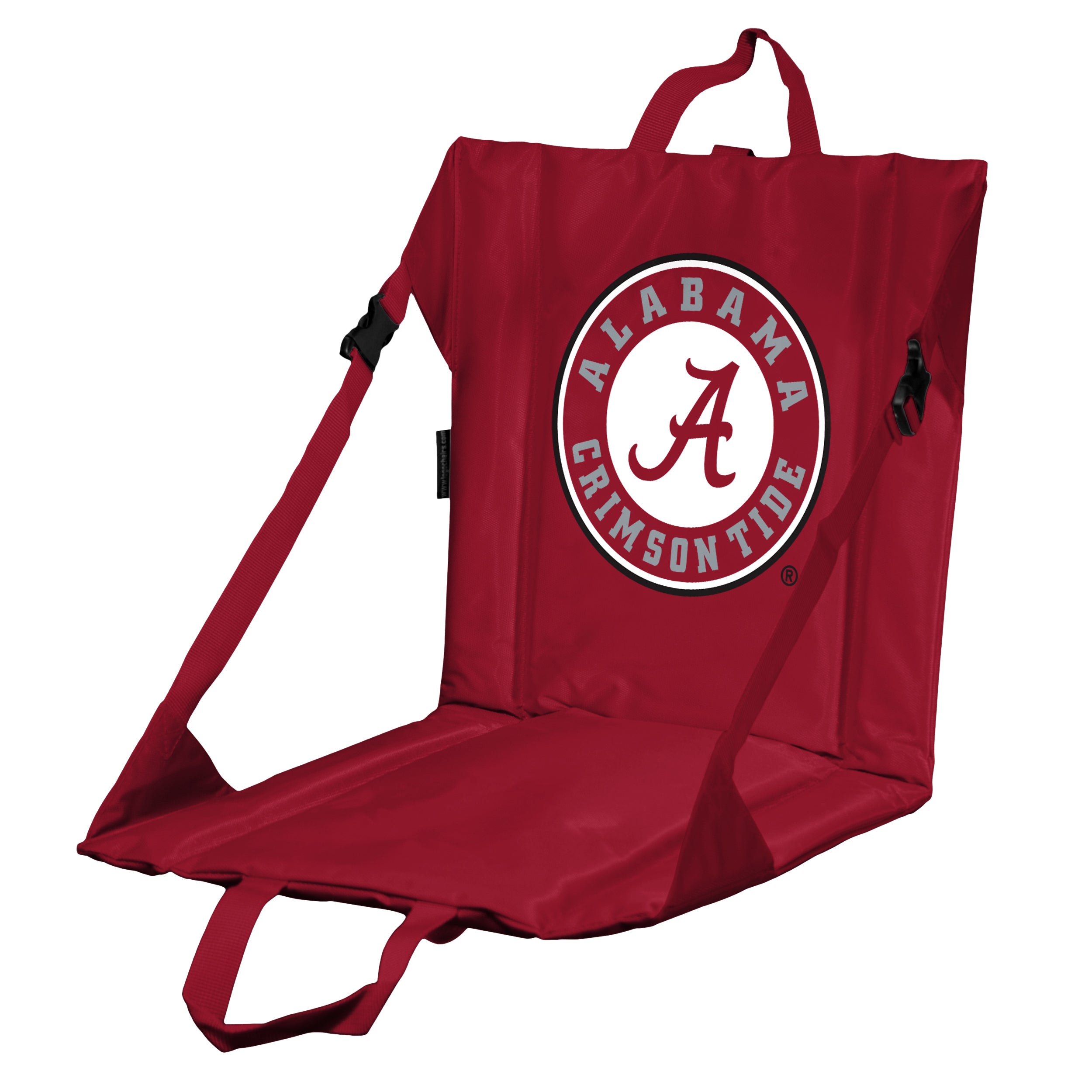 The Alabama Stadium Seat enhances bleacher comfort with team logos, reinforced stability, and foam padding. It measures 16"x14.5", fits standard seats, and features adjustable straps for security and reclining. Folds flat for easy storage and has a lifetime guarantee.
