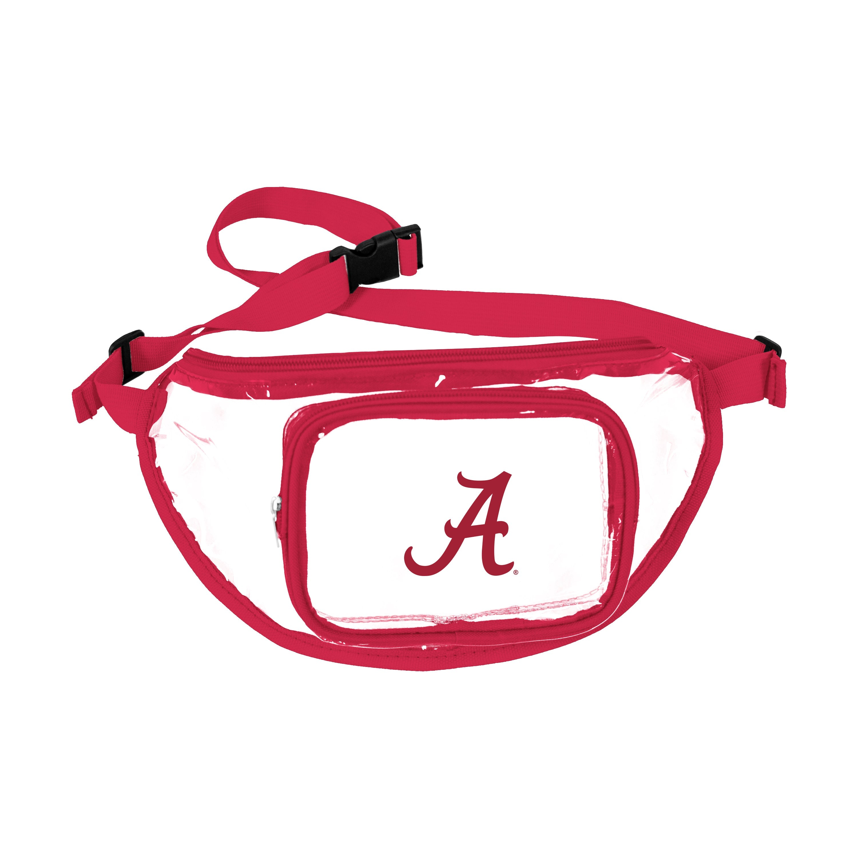 The Alabama Clear Fanny Pack is a hands-free, stadium-approved bag featuring a screenprint logo. Dimensions are 12" x 7" x 5.25", made of polyester and olefin.