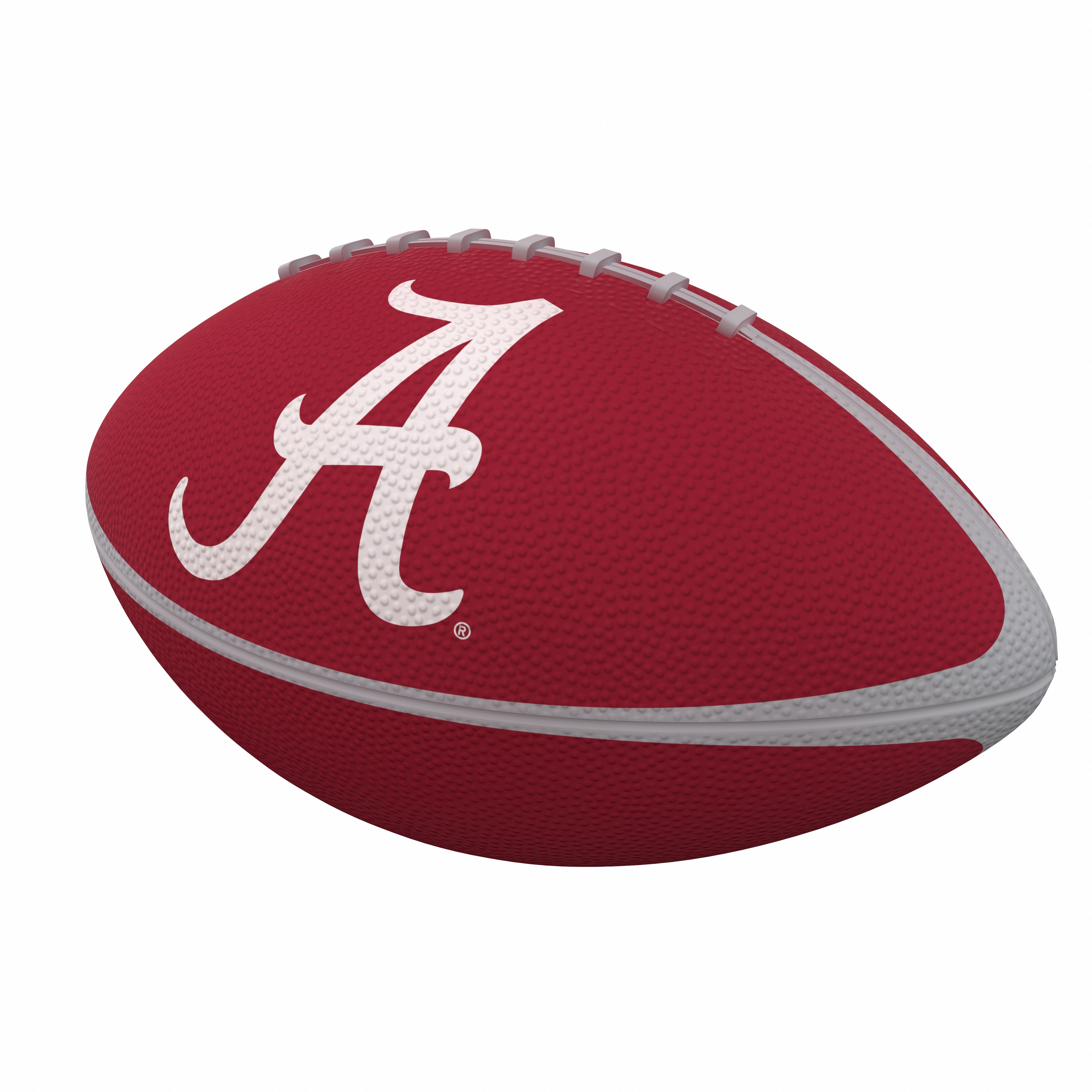 The Alabama Pinwheel Junior-Size Rubber Football features team color panels and logos, rubber molded laces for grip, and pebble texture for control. Ships deflated.