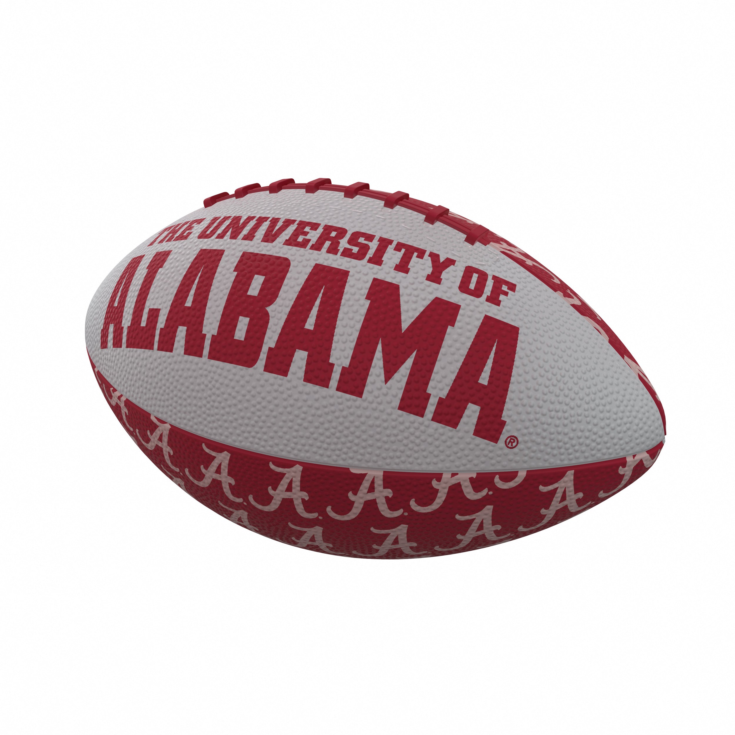 The Alabama mini rubber football features team colors and logos, pebble grip for control, and molded laces for accuracy. Measures 5.25"x5.25"x8" and ships deflated.