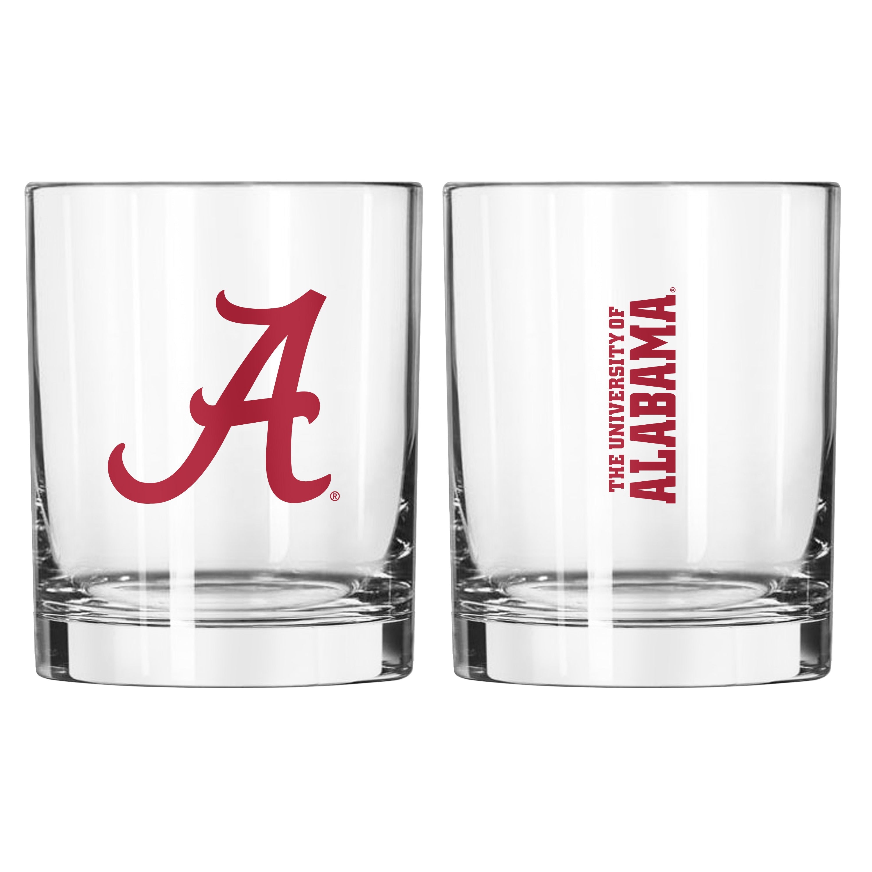 The Alabama 14oz Gameday Rocks Glass features a sturdy base for stability, holds 14 oz, has a chip-resistant rim, and is hand wash only, perfect for classic cocktails.