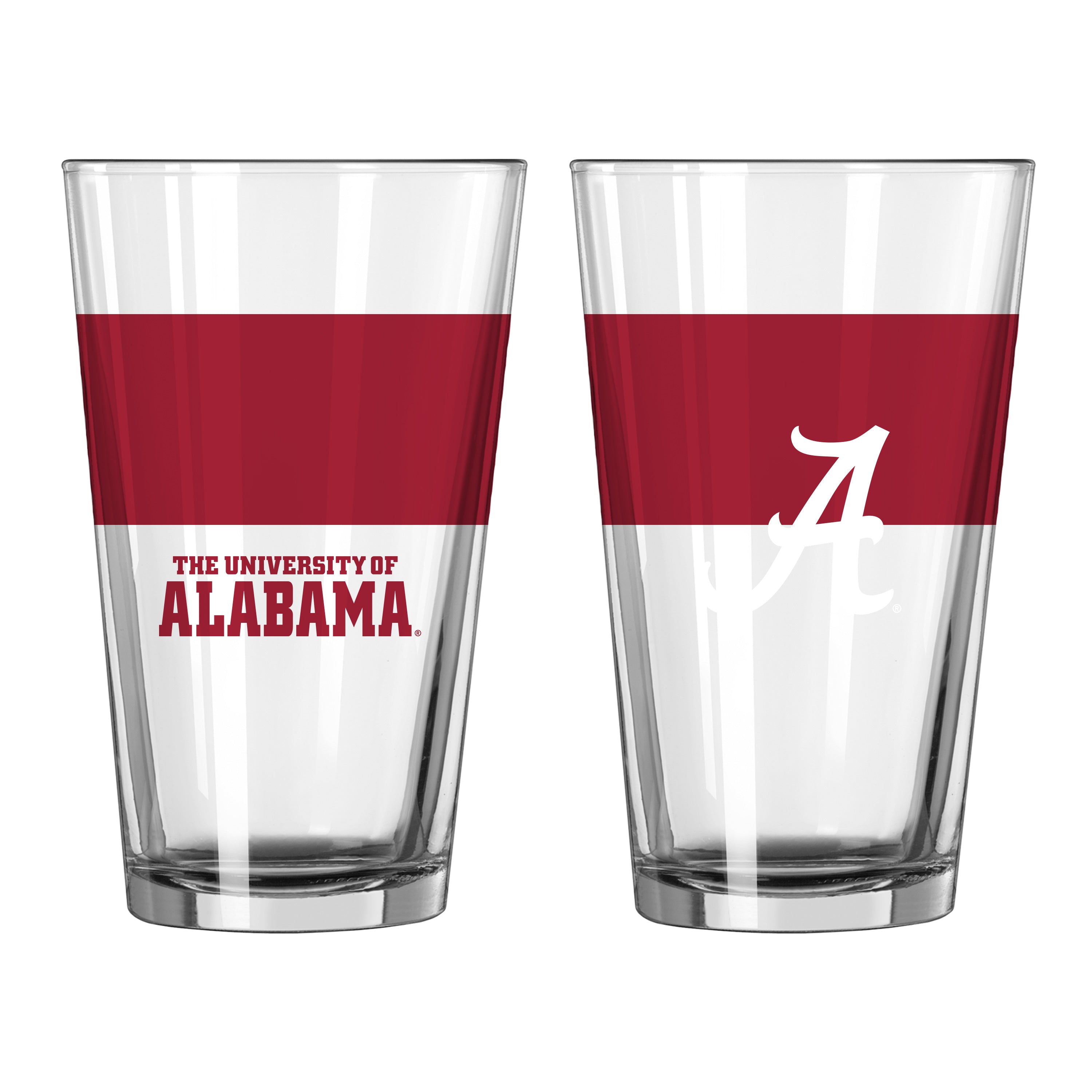 Alabama 16oz Colorblock Pint Glass features your team's logo and holds 16oz, perfect for any beverage. Made from durable pressed glass with a chip-resistant rim, it's a stylish addition to your drinkware collection. Hand wash only.