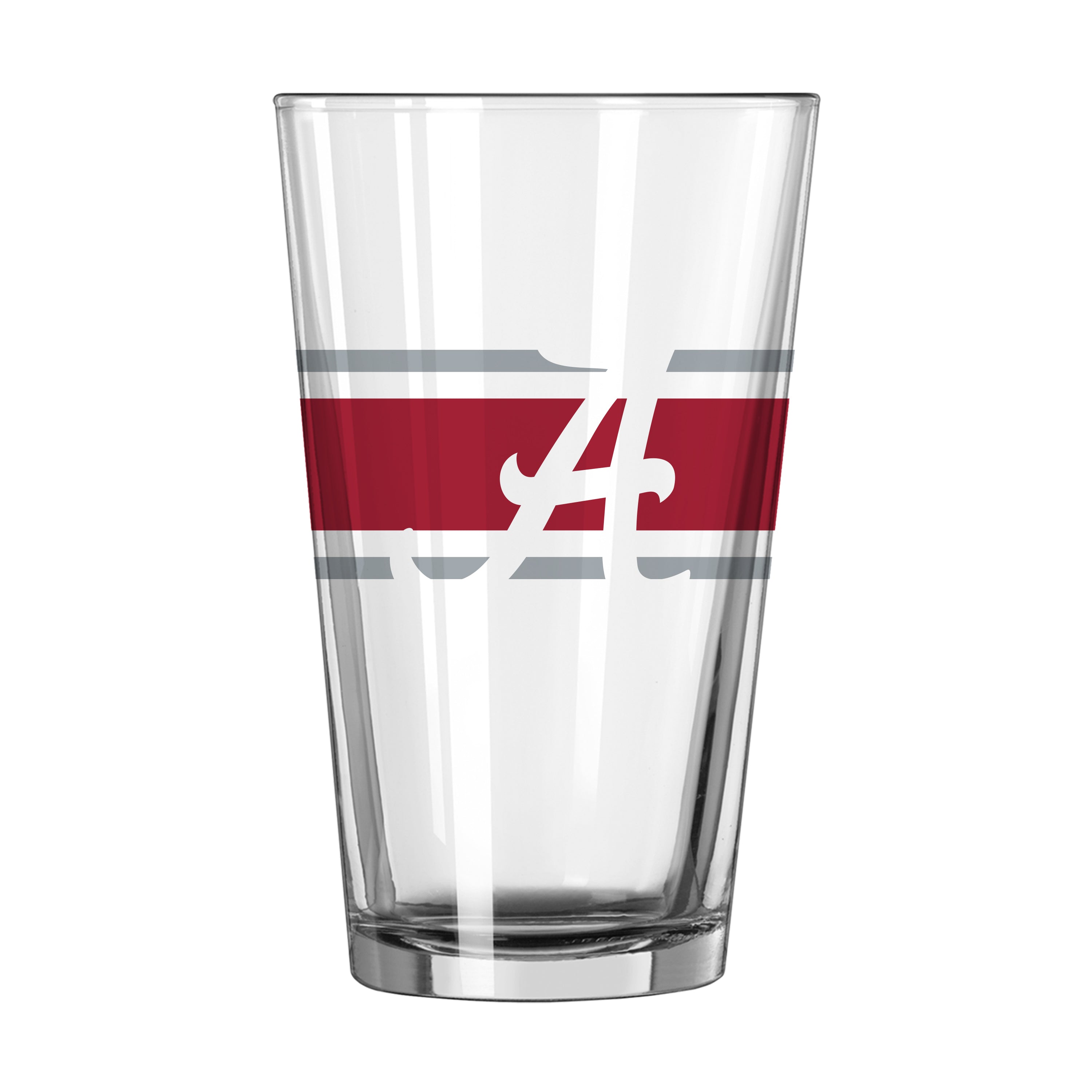 The Alabama 16oz Stripe Pint Glass is a durable, chip-resistant glass featuring your team's logo. Ideal for various beverages, it adds team spirit to your collection. Hand wash only.