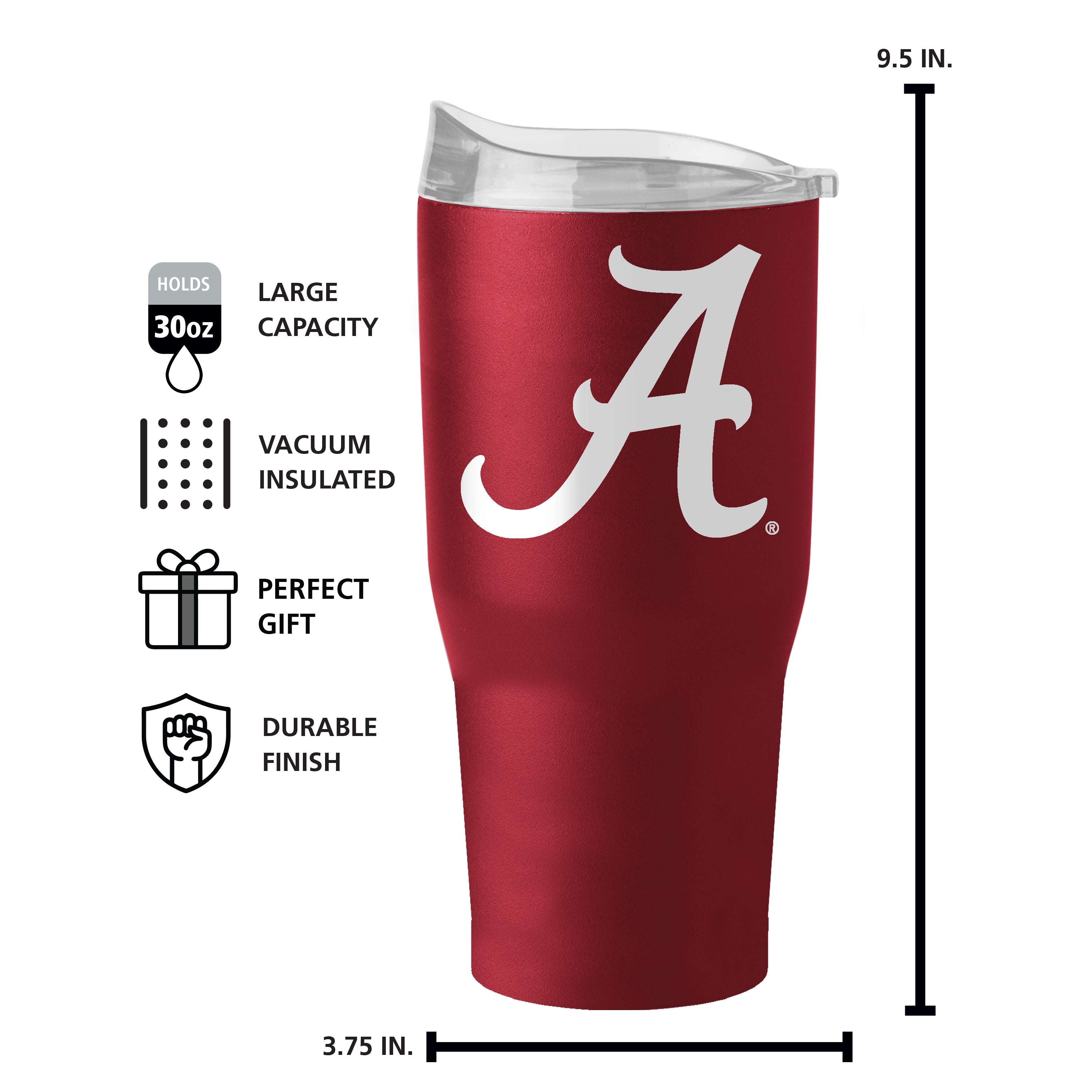 The Alabama 30oz Flipside Powder Coat Tumbler is a durable, double-walled stainless steel drinkware that keeps beverages hot or cold for hours. It features a high lip slider lid, ergonomic design, and holds up to 30 oz. Hand wash only.