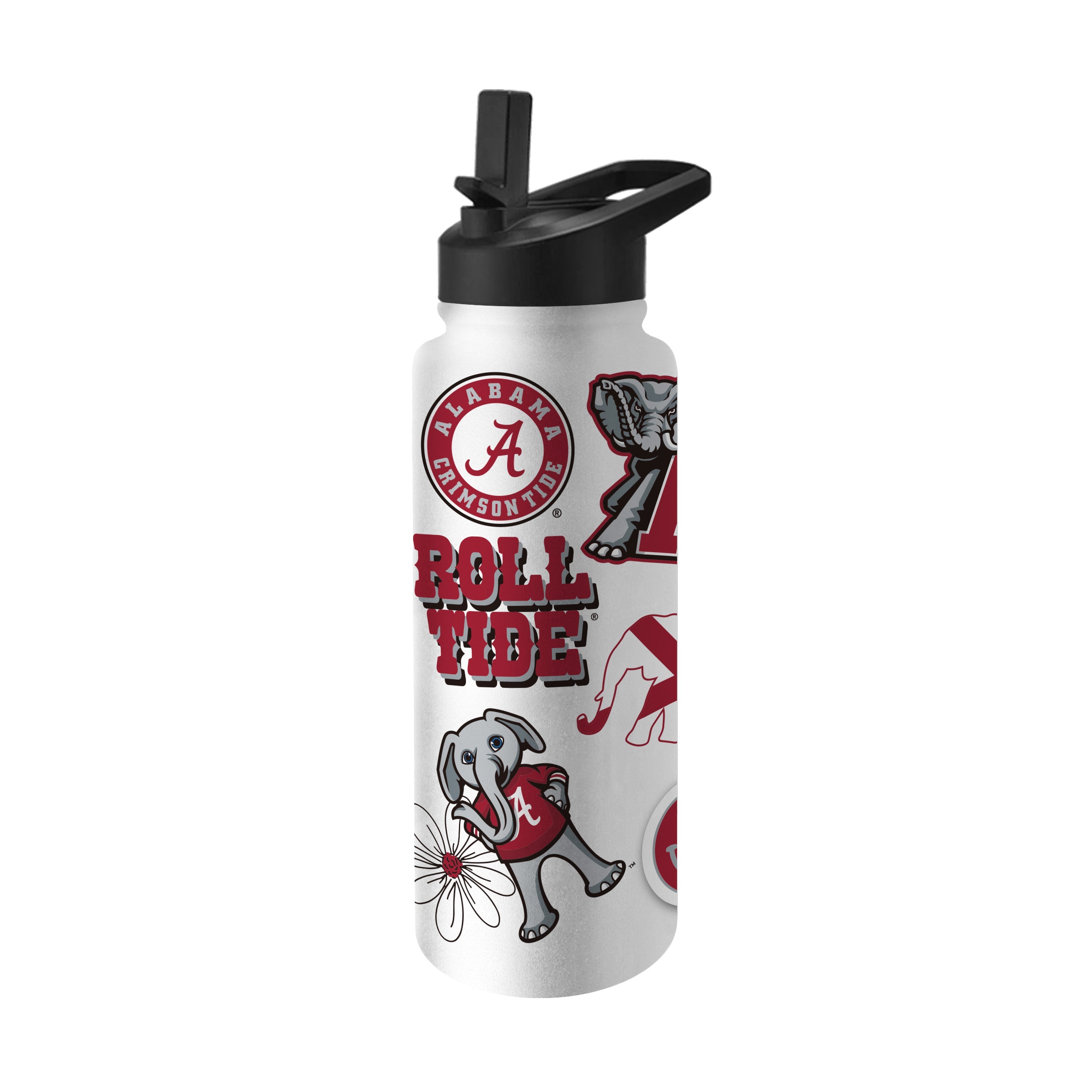 The Alabama 34 oz. Quencher Bottle is a durable stainless steel container with a powder coat finish. It features double-wall insulation, a no-spill lid with a flip spout, and an easy-carry handle, keeping drinks cold for hours. Hand wash only.