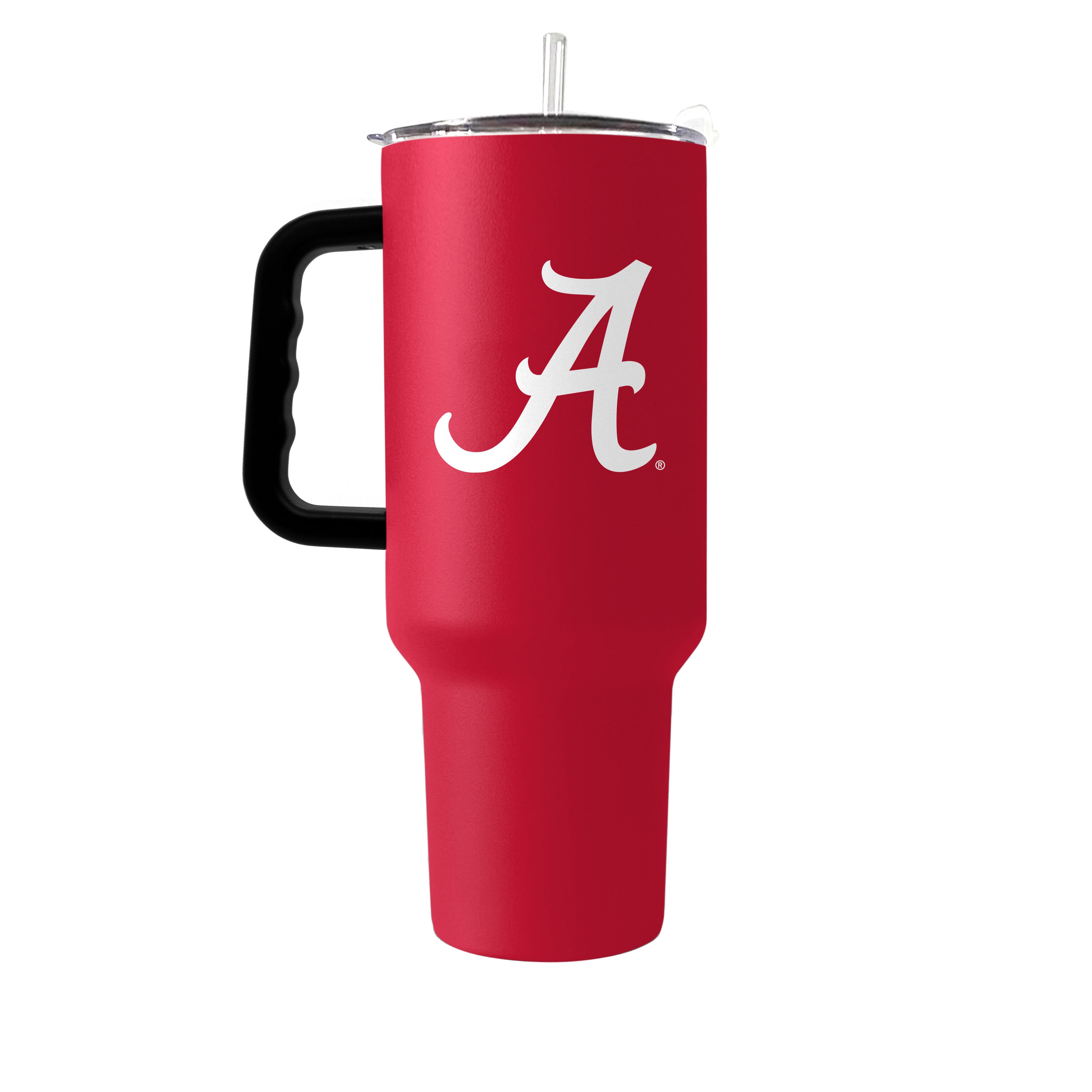 The 40oz Alabama Travel Tumbler features double-wall vacuum insulated stainless steel to keep drinks cold. It has a bold team logo, a durable handle, fits in standard cup holders, and includes a spill-proof lid and reusable straw for on-the-go hydration.