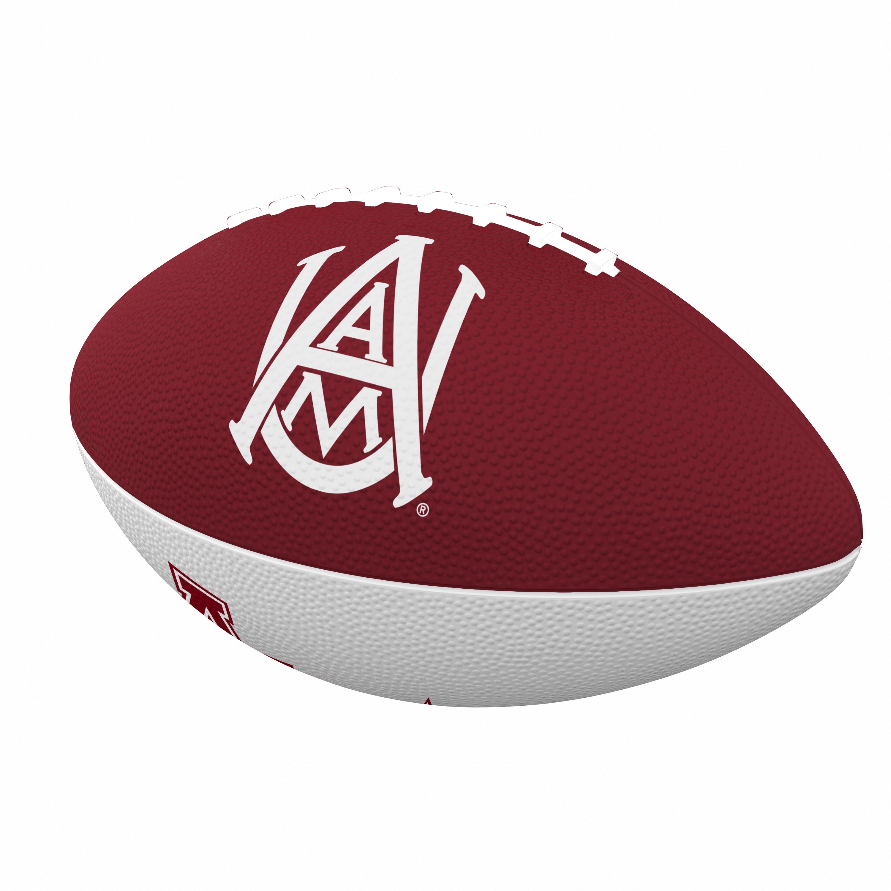 The Alabama A&M Pinwheel Junior Rubber Football features team colors, logos, and rubber molded laces for grip and accuracy. It has a pebble grip for control and ships deflated.